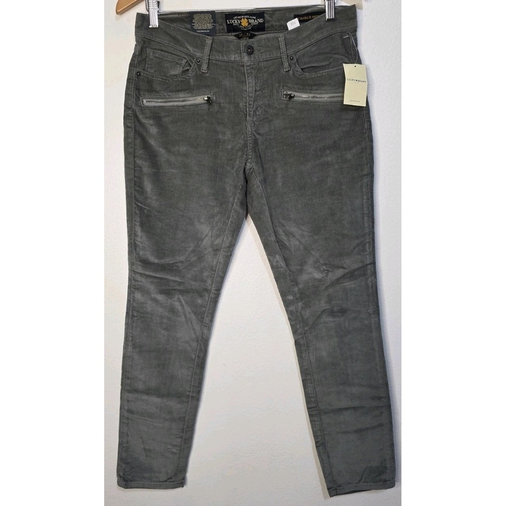New Lucky Brand Women Low Rise Charlie Skinny Pant 12/28 Corduroy Gray Boho Moto
